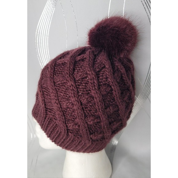 H&M Accessories - H&M Wool Blend Burgandy Pom Pom Cable Knit - One Size Stocking Cap Beanie Hat!